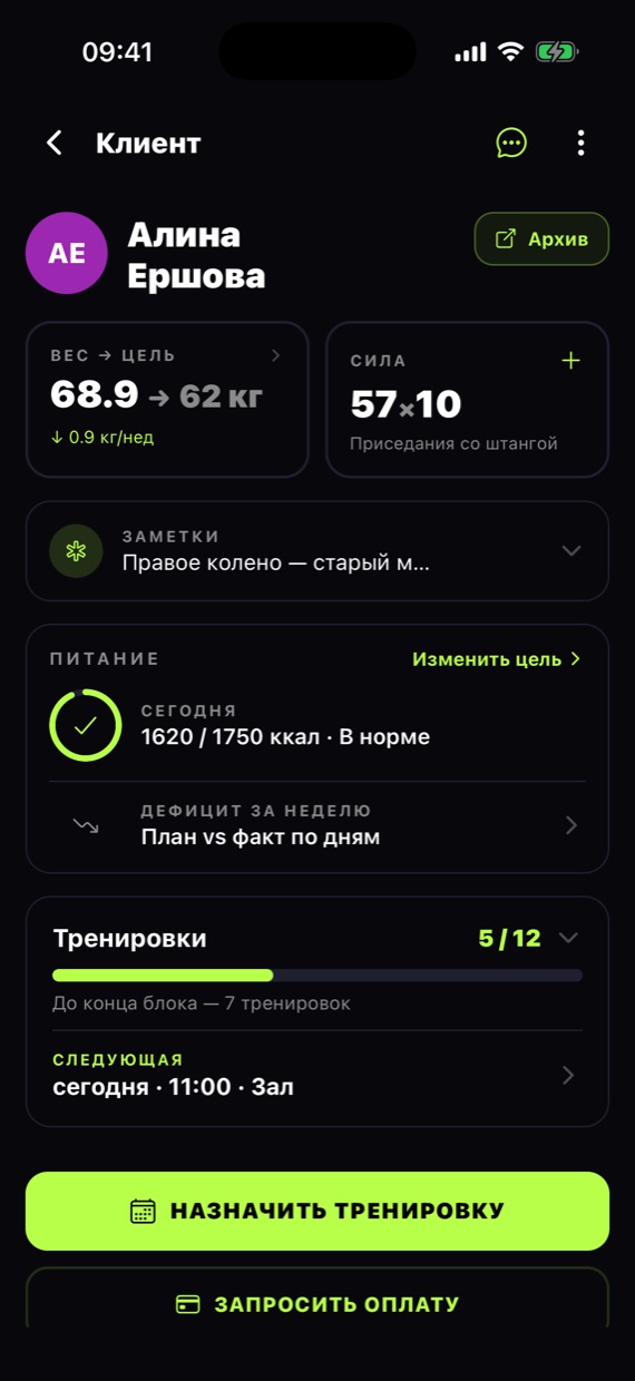 Карточка клиента в lupeen: вес и цель, питание за день, силовые, дефицит за неделю и прогресс по блоку