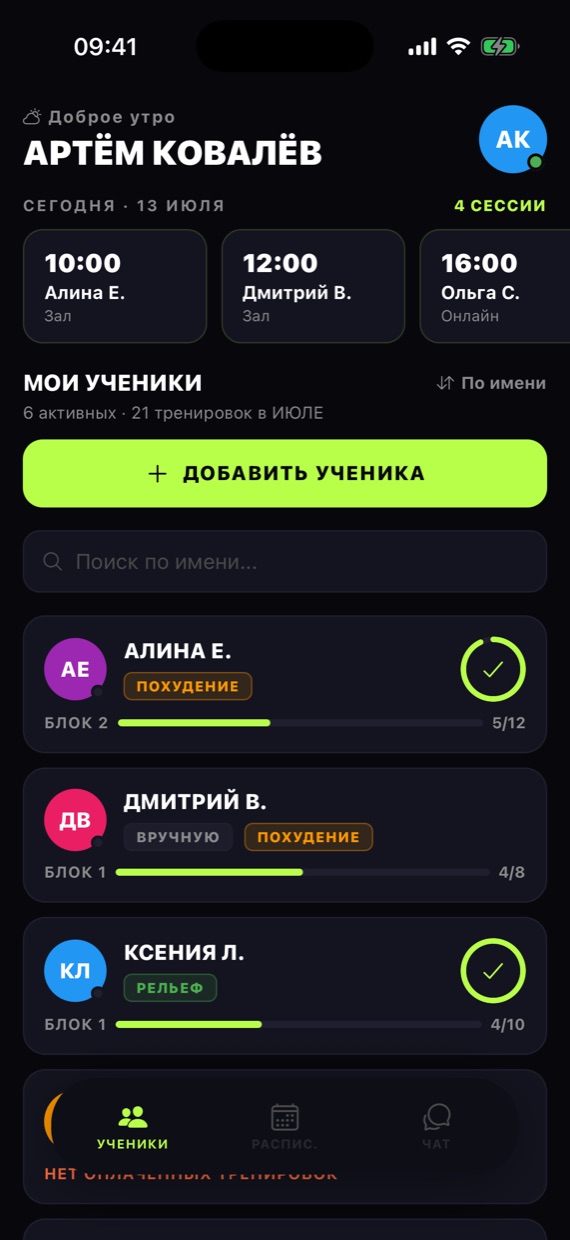 Главная тренера в lupeen: сегодняшние сессии и список учеников с целями и прогрессом по блокам